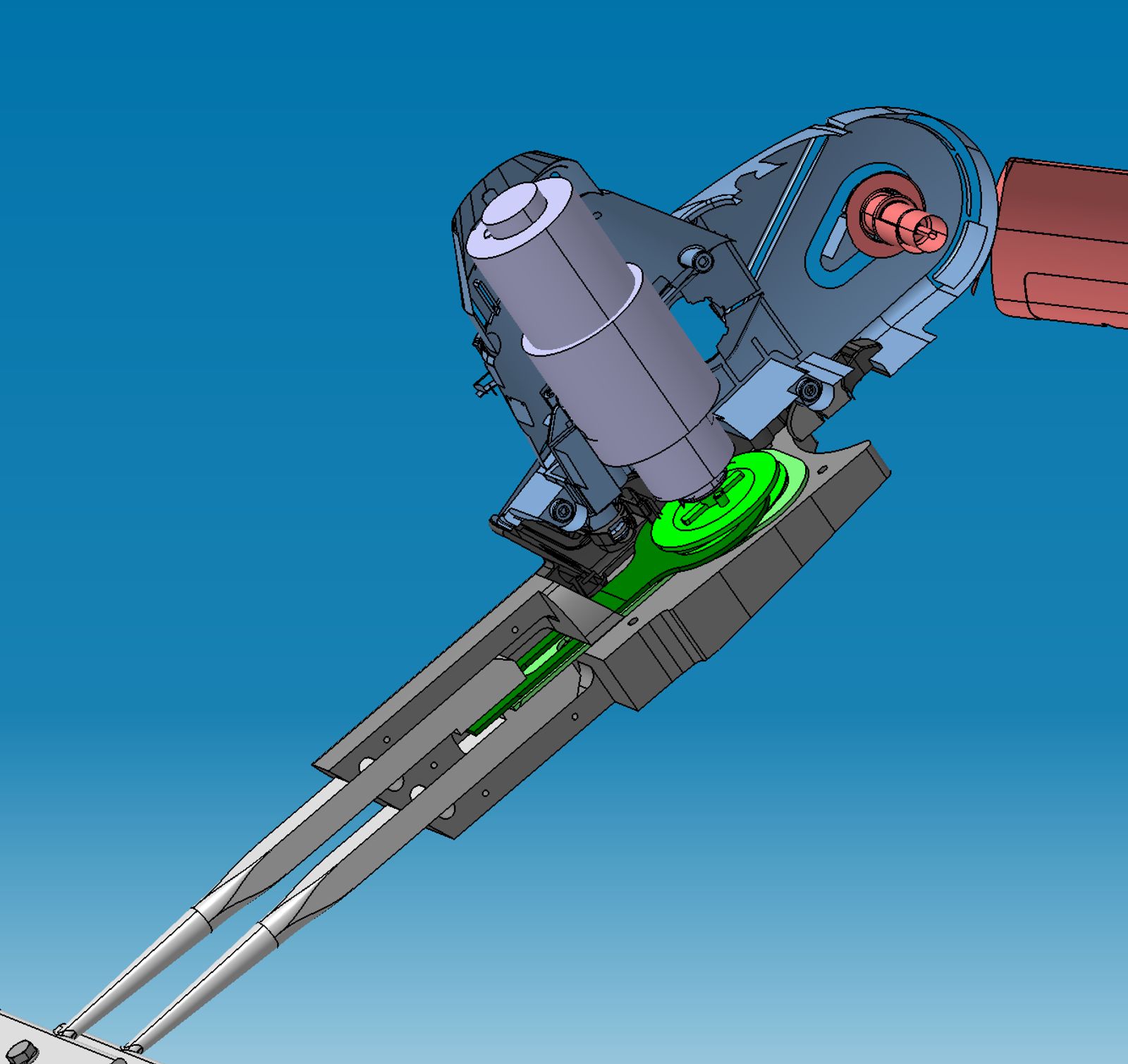 CAD assembly of a powered mechanism with motor, drive and guide rods